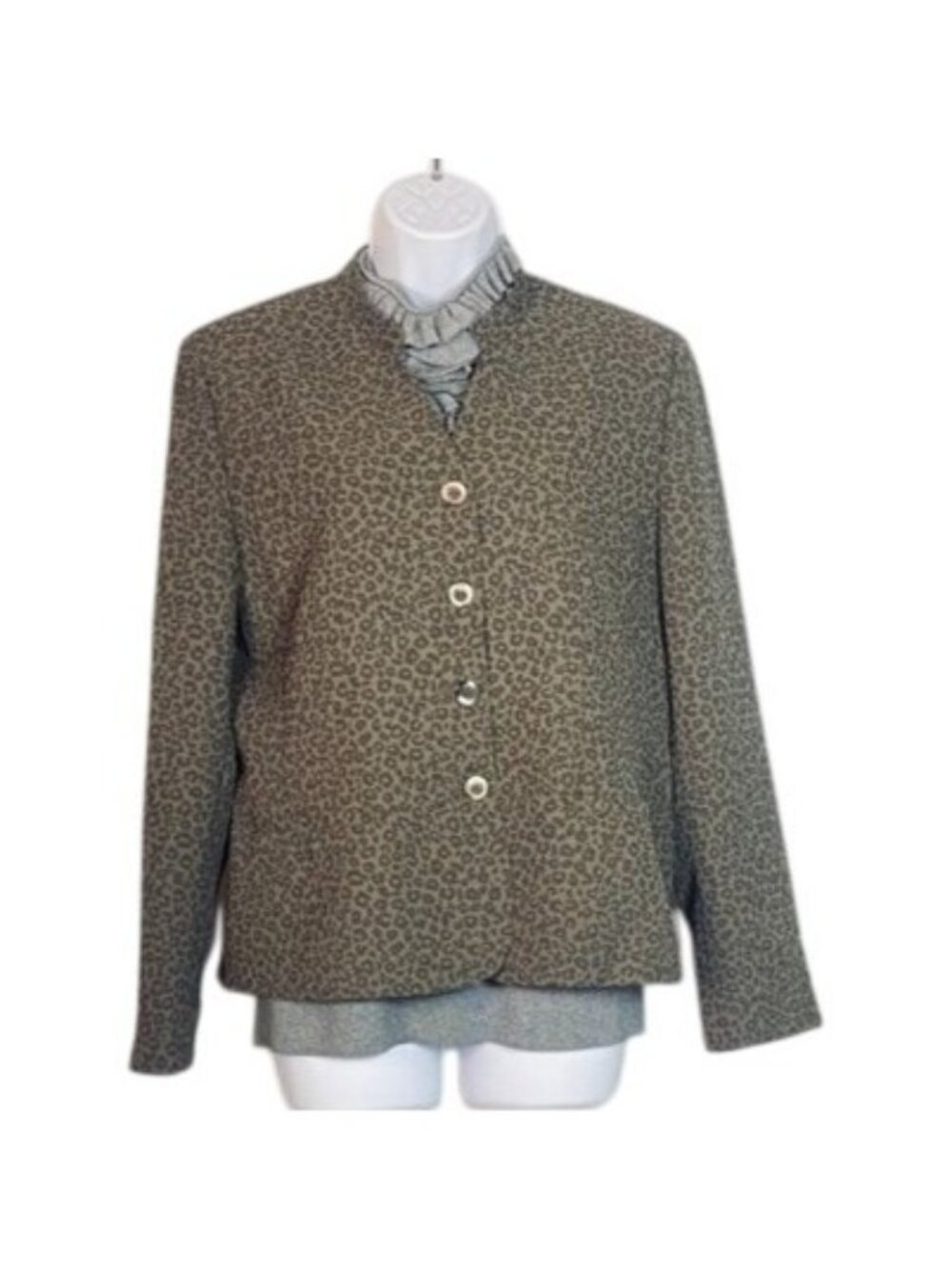 Le Suit Olive & Deep Green Leopard Print Blazer Size 12 Tailored Waist Fully Lin